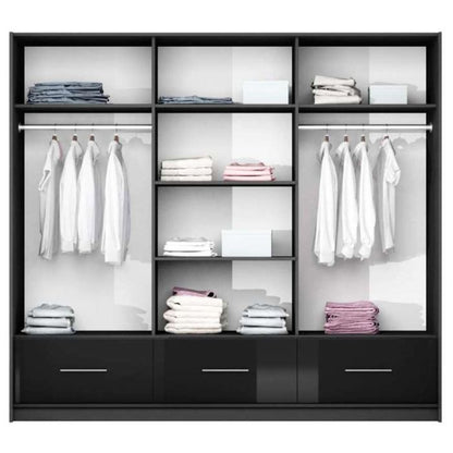 Warrington Black Sliding 3 Door Mirrored Wardrobe | 255cm with Drawers | Spacious & Chic | Furco