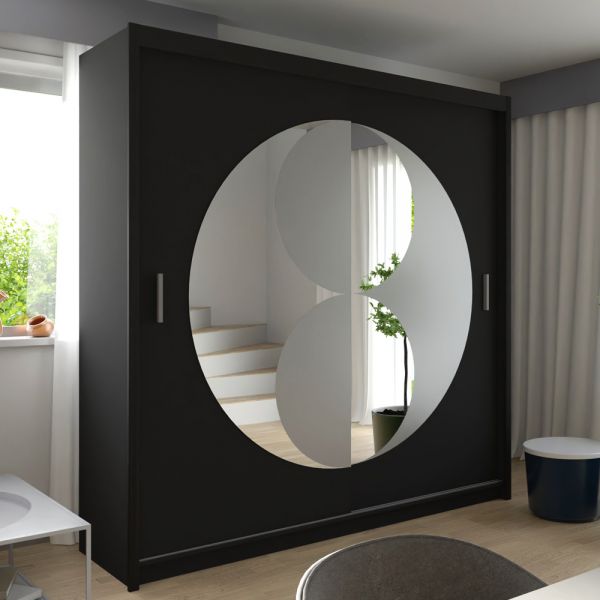 FURCO | Circolo Sliding 2 Door Wardrobe | Integrated Mirror | Sleek Black Finish | Contemporary & Functional