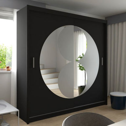 FURCO | Circolo Sliding 2 Door Wardrobe | Integrated Mirror | Sleek Black Finish | Contemporary & Functional