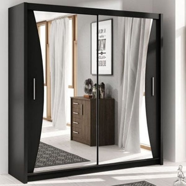 FURCO | Caledonia Sliding 2 Door Mirror Wardrobe | Black | Available in 150/203 cm | Modern & Reflective