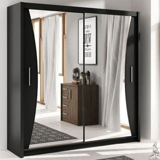 FURCO | Caledonia Sliding 2 Door Mirror Wardrobe | Black | Available in 150/203 cm | Modern & Reflective