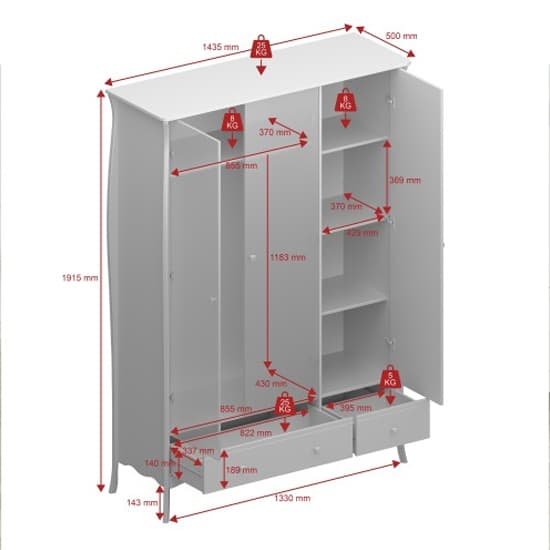 Braque Wooden Wardrobe With 3 Doors And 2 Drawers In Grey