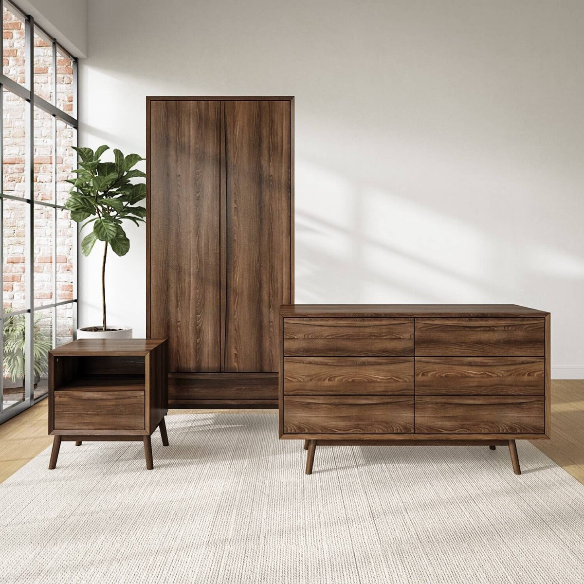 Walnut 3 Piece Bedroom Furniture Wardrobe Set - Frances
