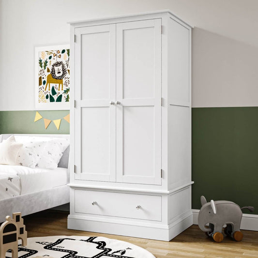 Kids White Painted 2 Door Double Wardrobe with Drawer - Harper