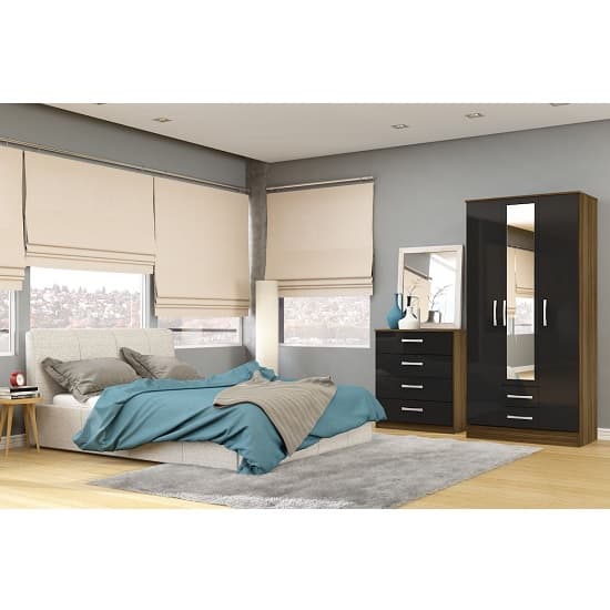 Carola Mirrored Wardrobe In Walnut Black High Gloss And 3 Doors