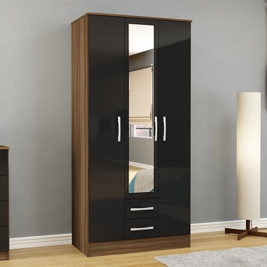 Carola Mirrored Wardrobe In Walnut Black High Gloss And 3 Doors