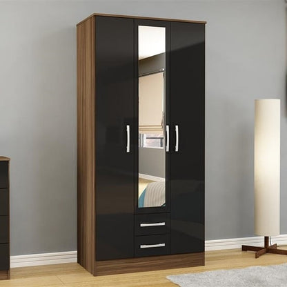 Carola Mirrored Wardrobe In Walnut Black High Gloss And 3 Doors