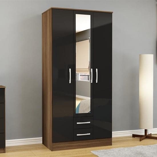 Carola Mirrored Wardrobe In Walnut Black High Gloss And 3 Doors