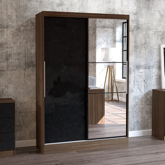 Carola Mirrored Sliding 2 Door Wardrobe In Walnut And Black High Gloss