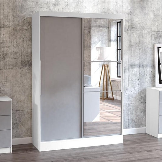 Carola Mirrored Sliding 2 Door Wardrobe In White And Grey High Gloss