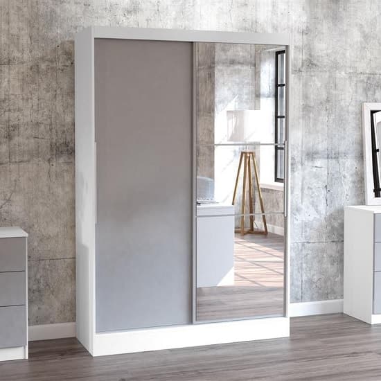 Carola Mirrored Sliding 2 Door Wardrobe In White And Grey High Gloss