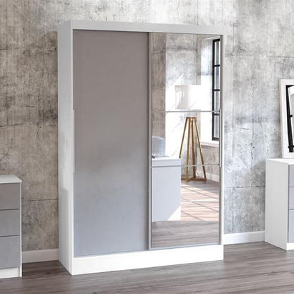 Carola Mirrored Sliding 2 Door Wardrobe In White And Grey High Gloss