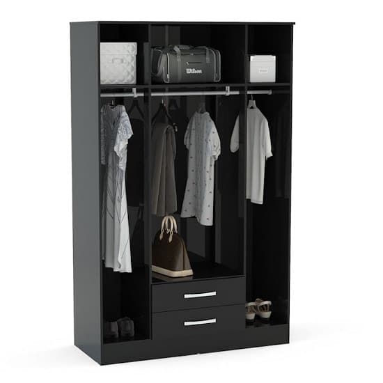 Carola Mirrored Wardrobe In Black High Gloss And 4 Doors