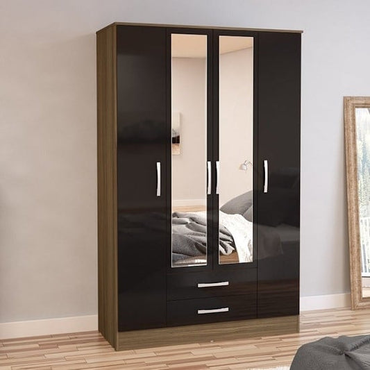 Carola 4 Doors Mirrored Wardrobe In Walnut And Black High Gloss