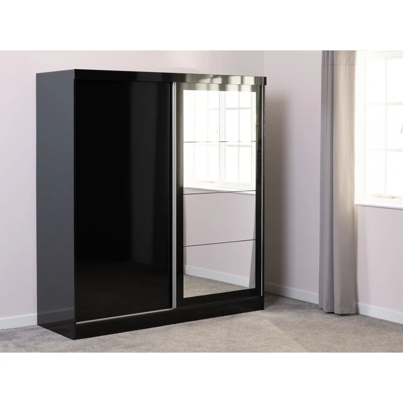 Mack Mirrored High Gloss Sliding Wardrobe With 2 Doors In Black