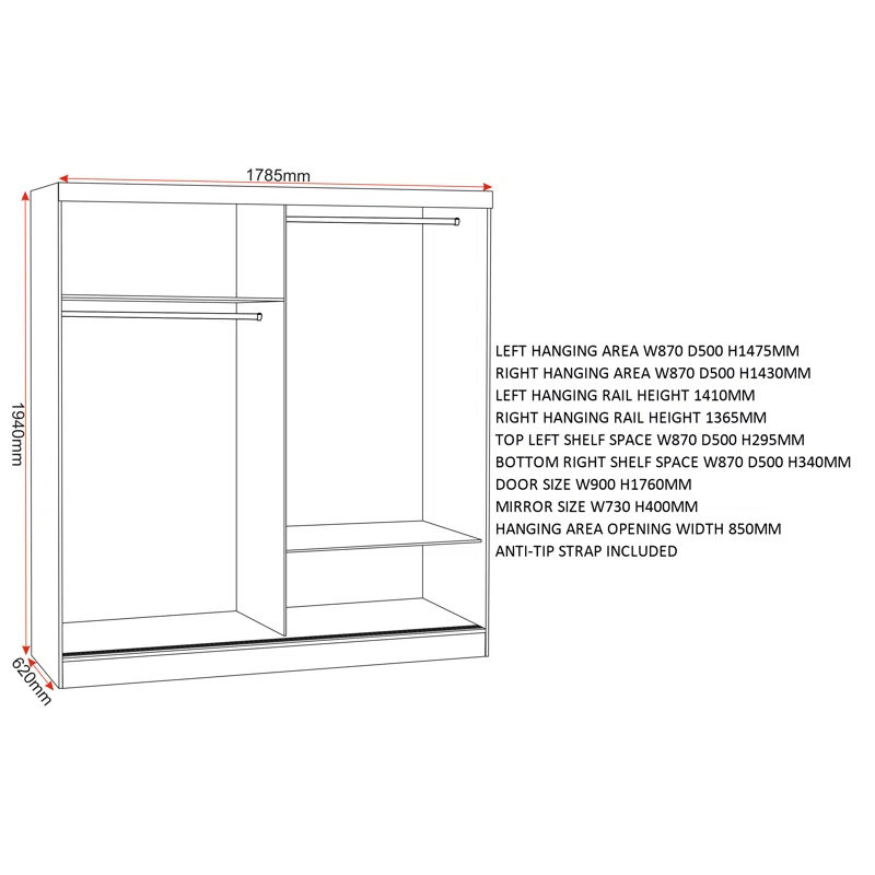 Mack Mirrored High Gloss Sliding Wardrobe With 2 Doors In Black