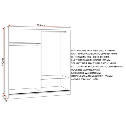 Mack Mirrored High Gloss Sliding Wardrobe With 2 Doors In Black