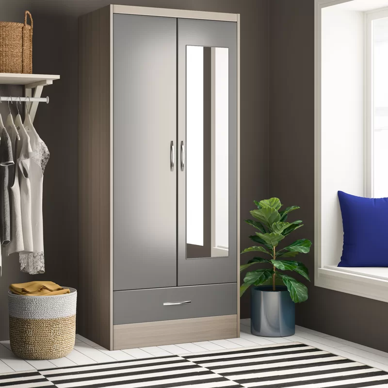 Noir 2 Doors 1 Drawer Mirrored Wardrobe In Grey Gloss And Oak