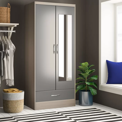 Noir 2 Doors 1 Drawer Mirrored Wardrobe In Grey Gloss And Oak