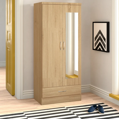 Noir 2 Doors 1 Drawer Mirrored Wardrobe In Sonoma Oak