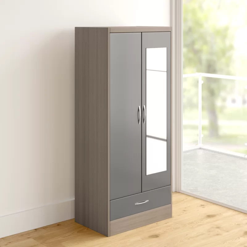 Noir 2 Doors 1 Drawer Mirrored Wardrobe In Grey Gloss And Oak