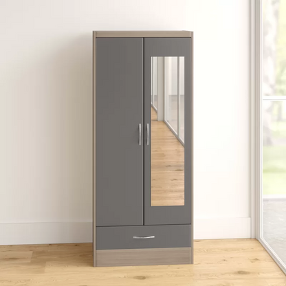 Noir 2 Doors 1 Drawer Mirrored Wardrobe In Grey Gloss And Oak