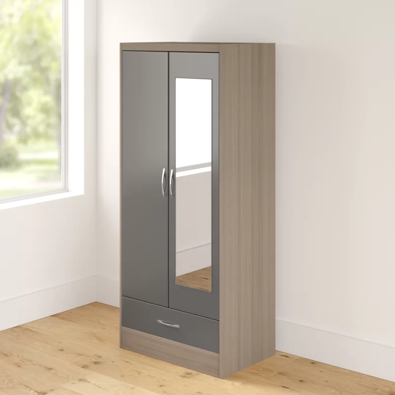 Noir 2 Doors 1 Drawer Mirrored Wardrobe In Grey Gloss And Oak