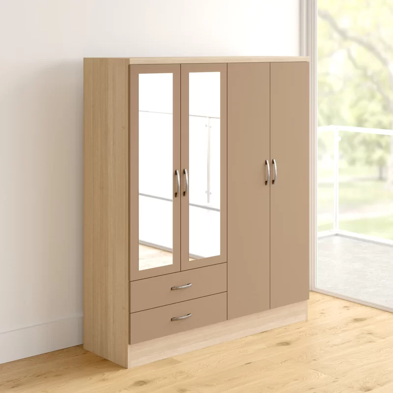 Noir 4 Door 2 Drawer Mirrored Wardrobe In Oyster Gloss And Oak