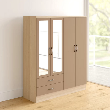 Noir 4 Door 2 Drawer Mirrored Wardrobe In Oyster Gloss And Oak