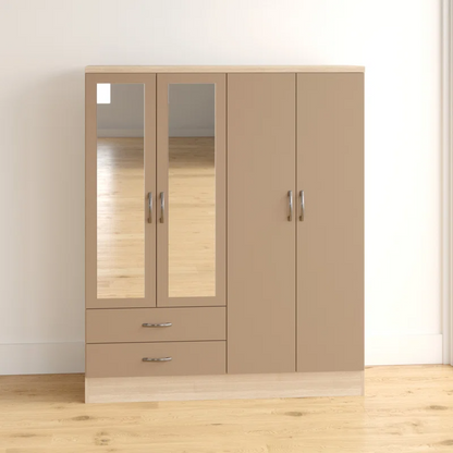 Noir 4 Door 2 Drawer Mirrored Wardrobe In Oyster Gloss And Oak
