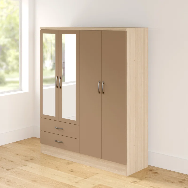 Noir 4 Door 2 Drawer Mirrored Wardrobe In Oyster Gloss And Oak