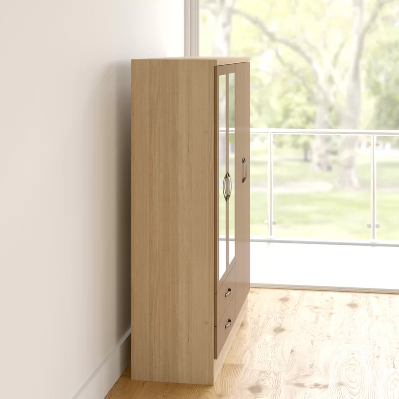 Noir 4 Door 2 Drawer Mirrored Wardrobe In Oyster Gloss And Oak