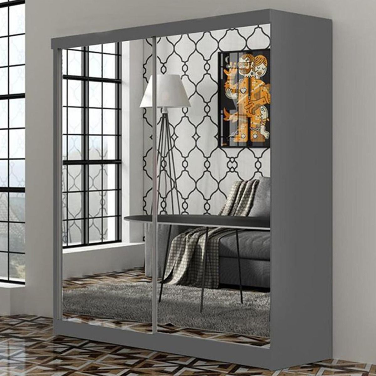FURCO | Castle Black | Fully Mirrored Sliding 2 Door Wardrobe | 150/200 cm | Sleek & Sophisticated