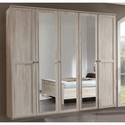 Cairo 5 Door Mirrored Wardrobe | Oak Finish | Elegant Storage | Furco