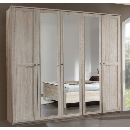 Cairo 5 Door Mirrored Wardrobe | Oak Finish | Elegant Storage | Furco