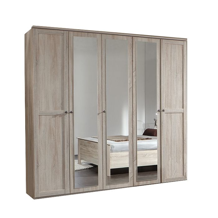 Cairo 5 Door Mirrored Wardrobe | Oak Finish | Elegant Storage | Furco