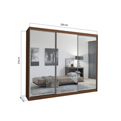 FURCO Chicago II Walnut 250cm 3 Door Mirrored Sliding Wardrobe - Classic Appeal