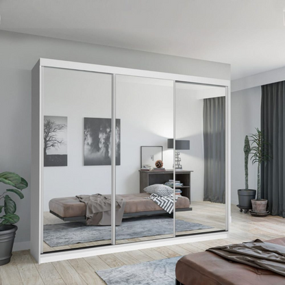FURCO Chicago II White 250cm Mirrored 3 Door Sliding Wardrobe - Modern Chic