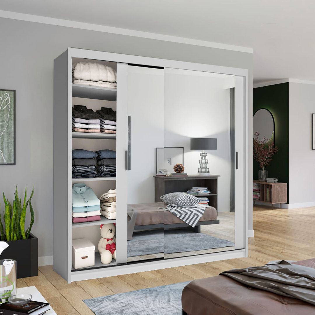 FURCO | Chicago II | 2 Door Sliding Mirrored Wardrobe | Luminous White | Modern & Reflective Design