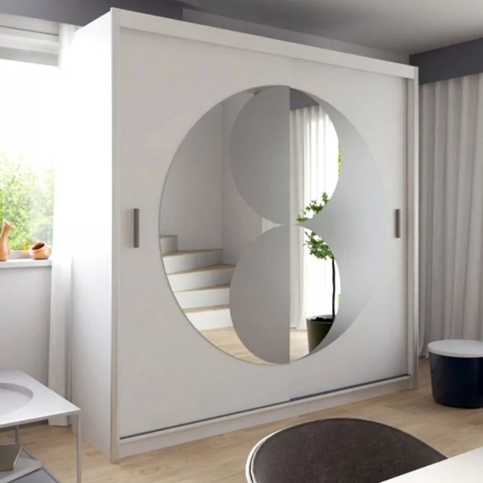 FURCO | Circolo | Sliding 2 Door Wardrobe with Mirror | Pristine White | Modern & Reflective Design