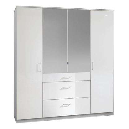 Clappen 4 Door 3 Drawer Mirrored Gloss Wardrobe in White | Sleek Storage | Furco