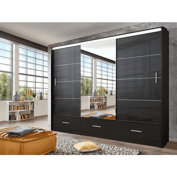 Cornelia 250cm Large High Gloss Sliding 3 Door Wardrobe - Black