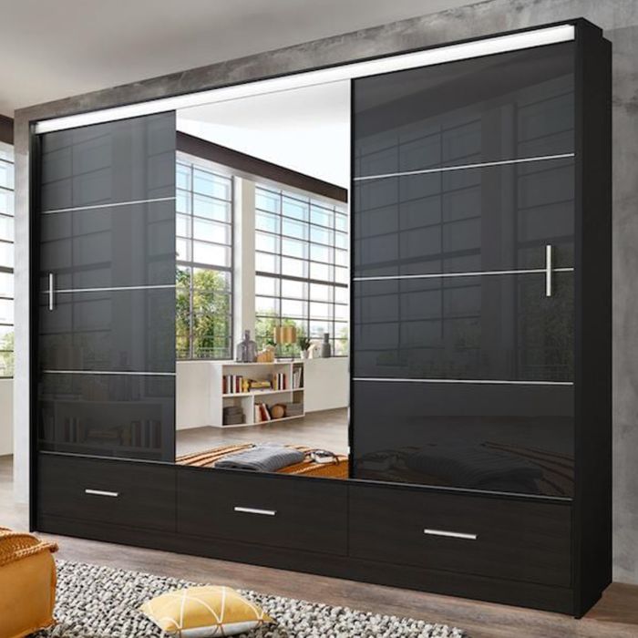 Cornelia 250cm Large High Gloss Sliding 3 Door Wardrobe - Black