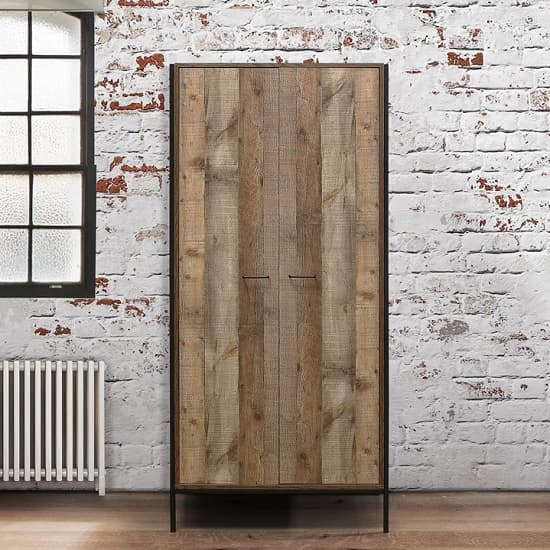 Coruna Wooden Wardrobe In Rustic And Metal Frame With 2 Doors