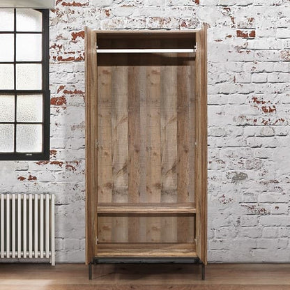 Coruna Wooden Wardrobe In Rustic And Metal Frame With 2 Doors