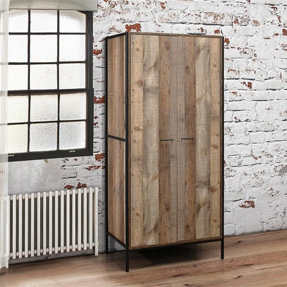 Coruna Wooden Wardrobe In Rustic And Metal Frame With 2 Doors