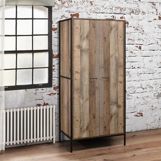 Coruna Wooden Wardrobe In Rustic And Metal Frame With 2 Doors