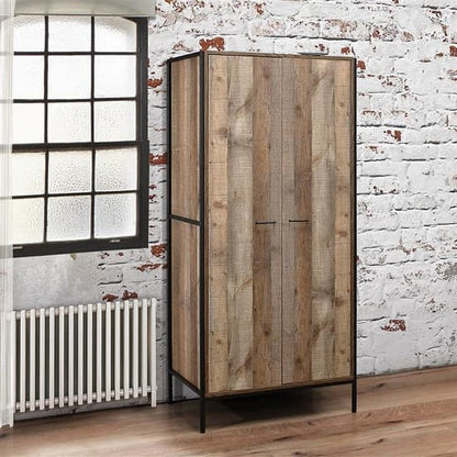 Coruna Wooden Wardrobe In Rustic And Metal Frame With 2 Doors