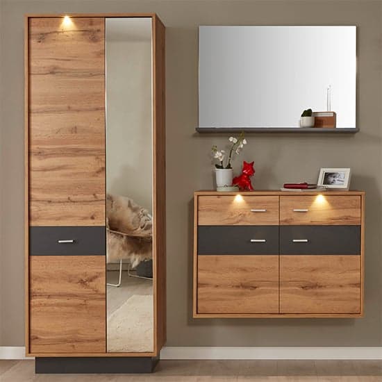 Coyco LED Wooden Wardrobe In Wotan Oak And Grey