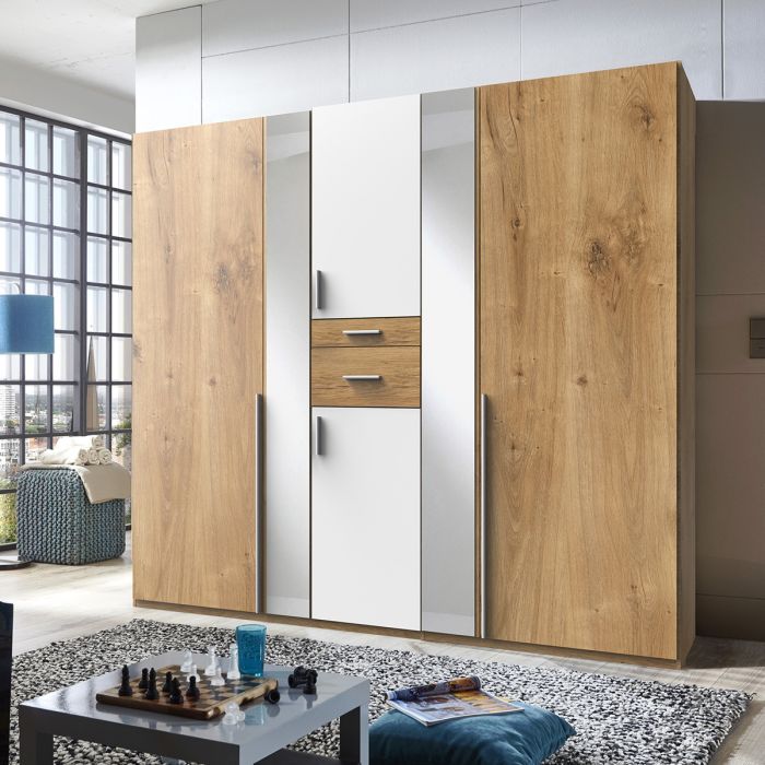 Odense 5 Door Mirrored Wardrobe | White & Planked Oak | Spacious Design | Furco